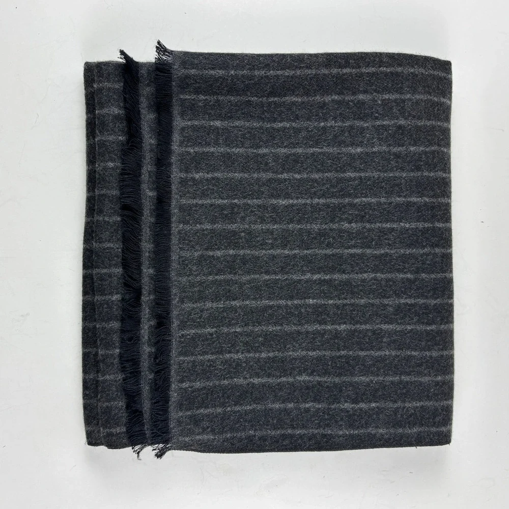 Cashmaire Scarf Mens OS Charcoal Grey Pinstripe Acrylic Fringed 18 x 72 Inches